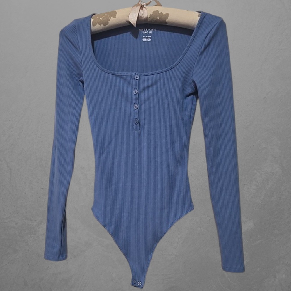 American Eagle Womens XS Blue Bodysuit Henley Long Sleeve Ribbed Scoop Neck - Picture 2 of 7